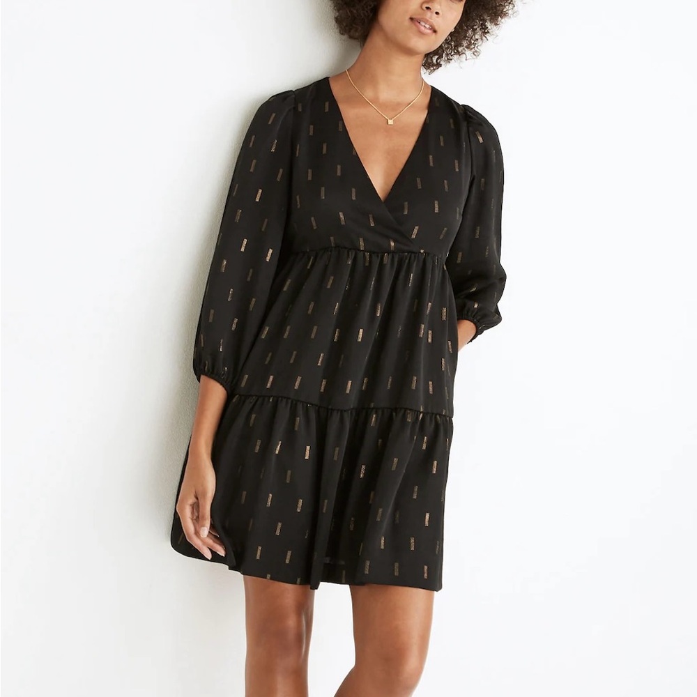 Madewell Metallica Jacquard black 3 tier faux wrap dress